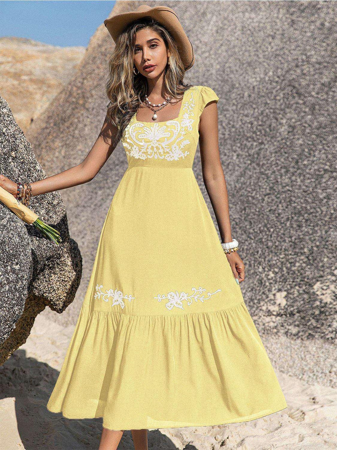 Embroidered Square Neck Ruffle Hem Dress - VILLA FASHION